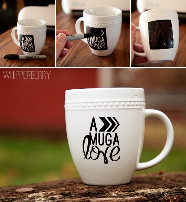 Using a stencil to create a fun graphic on a mug with a Sharpie