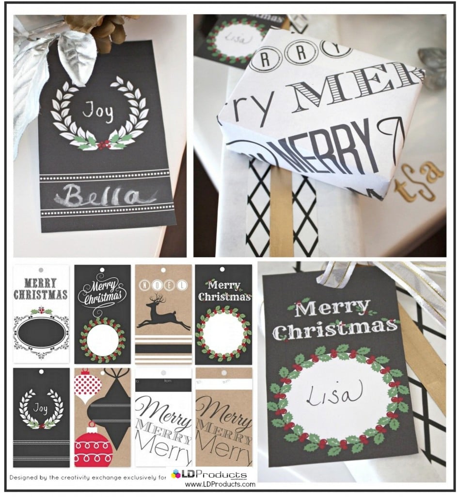 Free printable Christmas chalkboard tags, wrapping paper and sign that you can write on with chalk.  The Creativity Exchange for LD Products