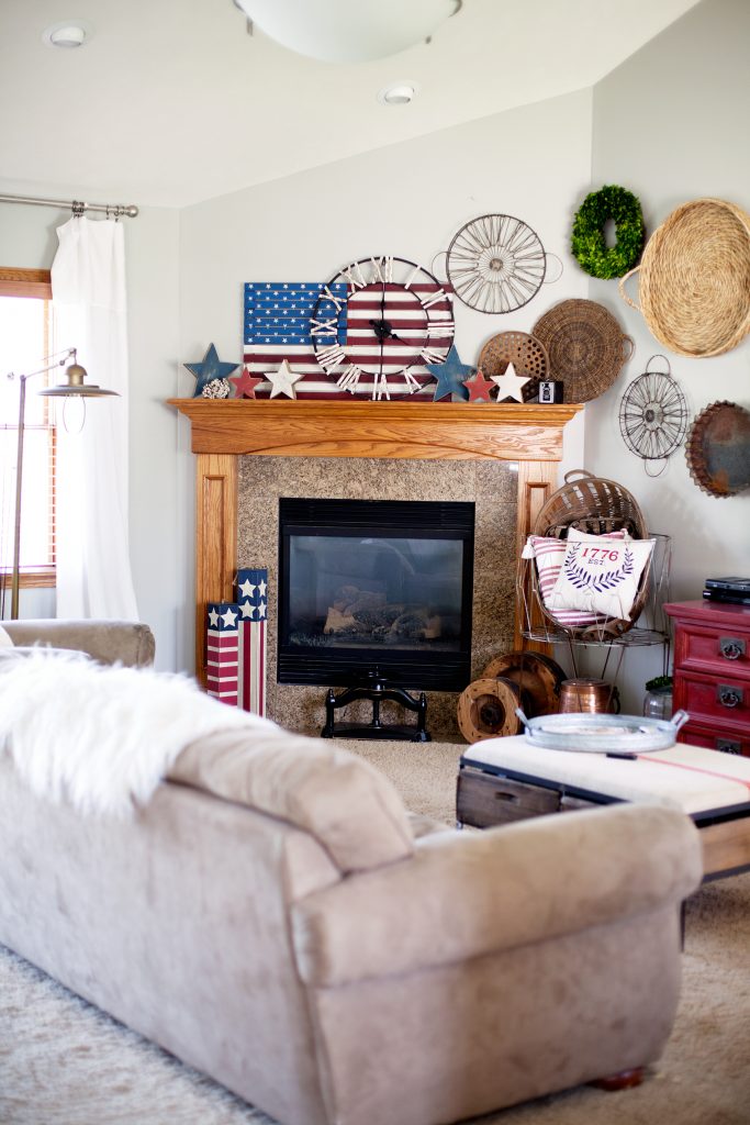 • Red White and Blue Decor • With the Summer months rolling in, it's time to give a little nod to our favorite ole' Red White and Blue! Michaels has a whole new line of FUN Americana decor that you're going to love! Here's what I found to dress-up my mantel for the Summer holidays via WhipperBerry
