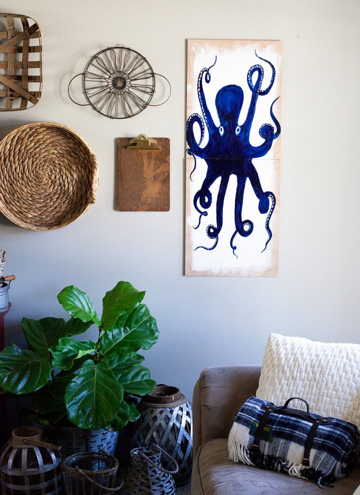 Create this fun DIY Octopus Wall art for your favorite nautical themed room. This one is going into my son’s vintage nautical room and it’s going to look fabulous! Created by WhipperBerry via @decoArt