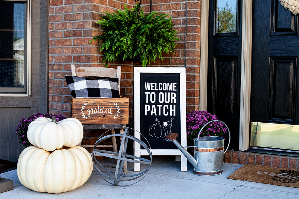 Easily dress-up your front porch for Fall with gorgeous white Autumn pumpkins from Michaels and a few DIY projects created with a little help from Cricut that will turn your drab porch into some the neighbors will truly envy • Created by WhipperBerry