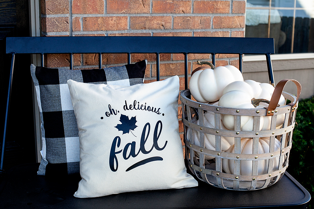Easily dress-up your front porch for Fall with gorgeous white Autumn pumpkins from Michaels and a few DIY projects created with a little help from Cricut that will turn your drab porch into some the neighbors will truly envy • Created by WhipperBerry