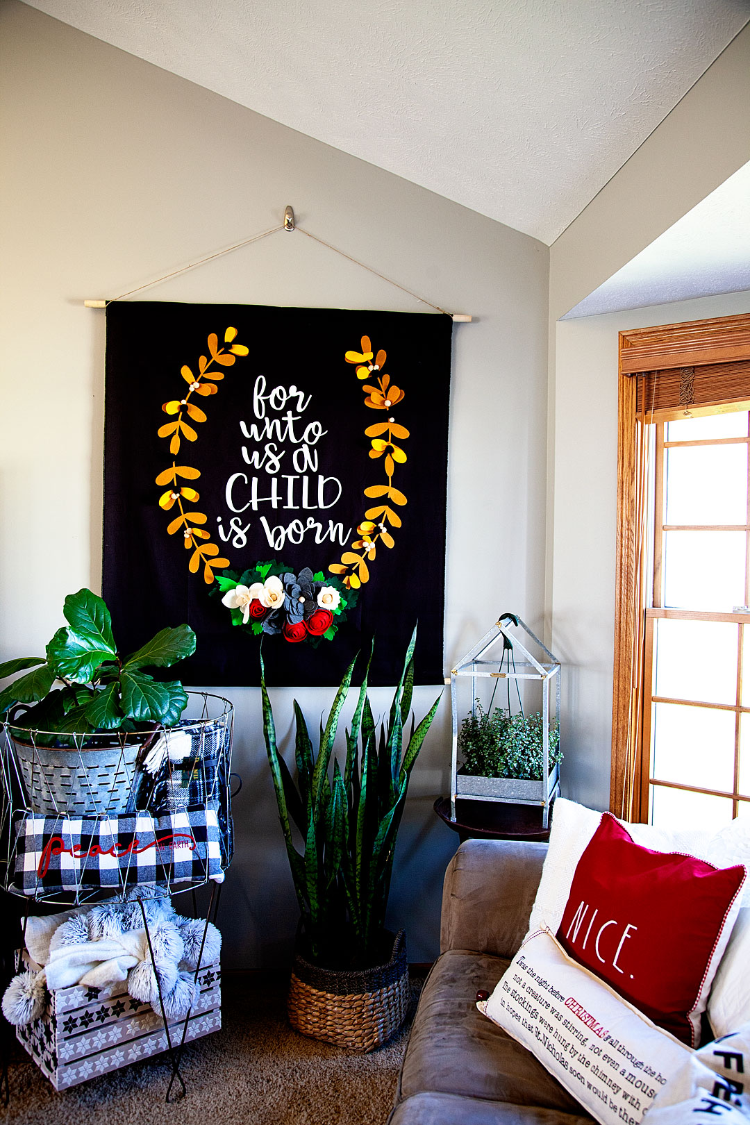 Boy-oh-Boy... I LOVE large scale projects! Sometimes bigger really is better in my book. There are times when you really need to make a statement and a large scale felt banner or large drop cloth sign created to wow your guests or to really make a room POP! I wanted to create a large felt sign for the Christmas season to add to my living room and to also use for a Christmas party that I'm planning this year. Let me show you what I made and how YOU can make one yourself! - WhipperBerry #feltsign #largescalesign #christmassign #christmasdecor #christmasdecoration