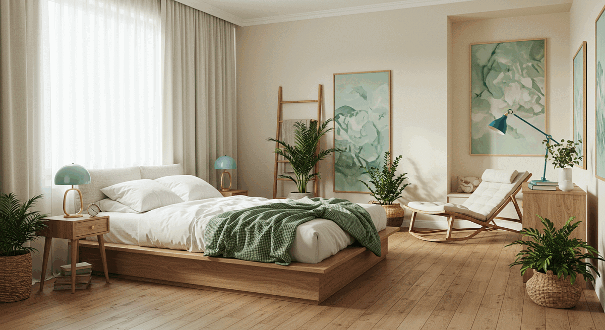 A bedroom with eco-friendly wooden furniture.