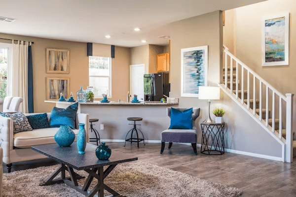 Cozy living room with furniture and staircase