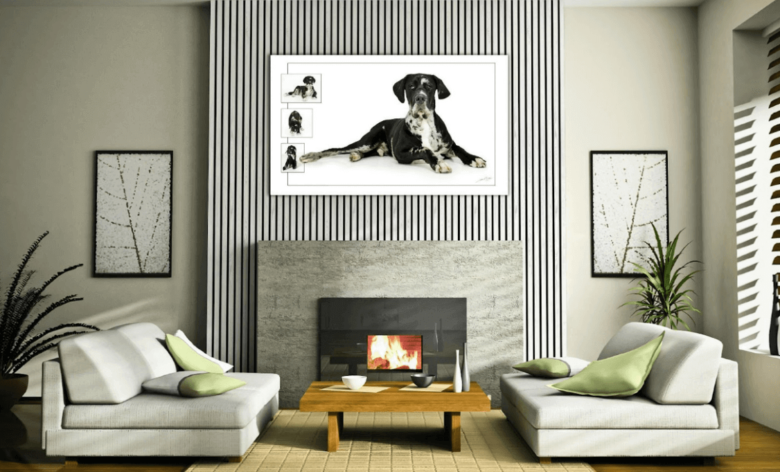 Modern living room featuring a fireplace and dog artwork