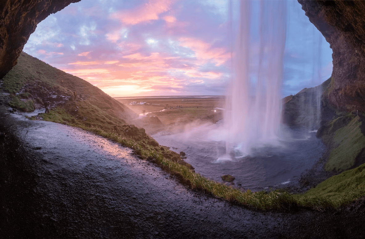 View of an Icelandic waterfall from inside