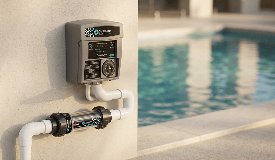 Water heater on wall next to swimming pool