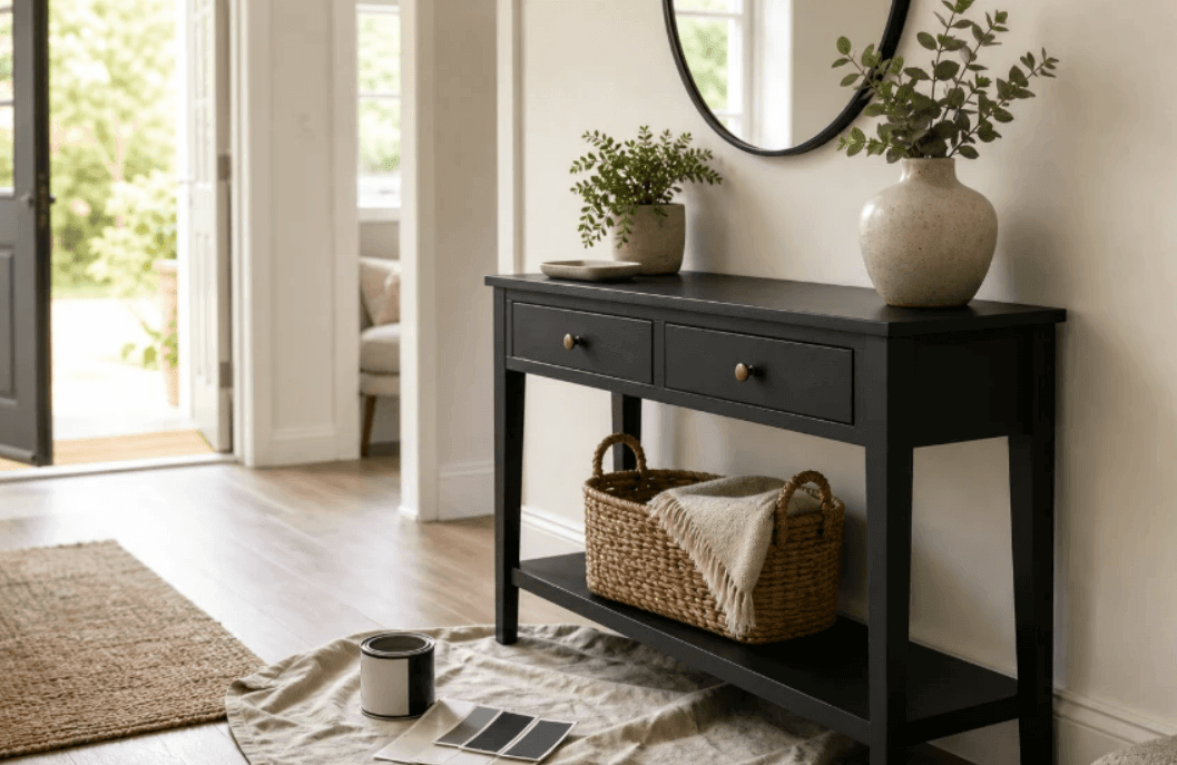 Painted table with mirror and vase