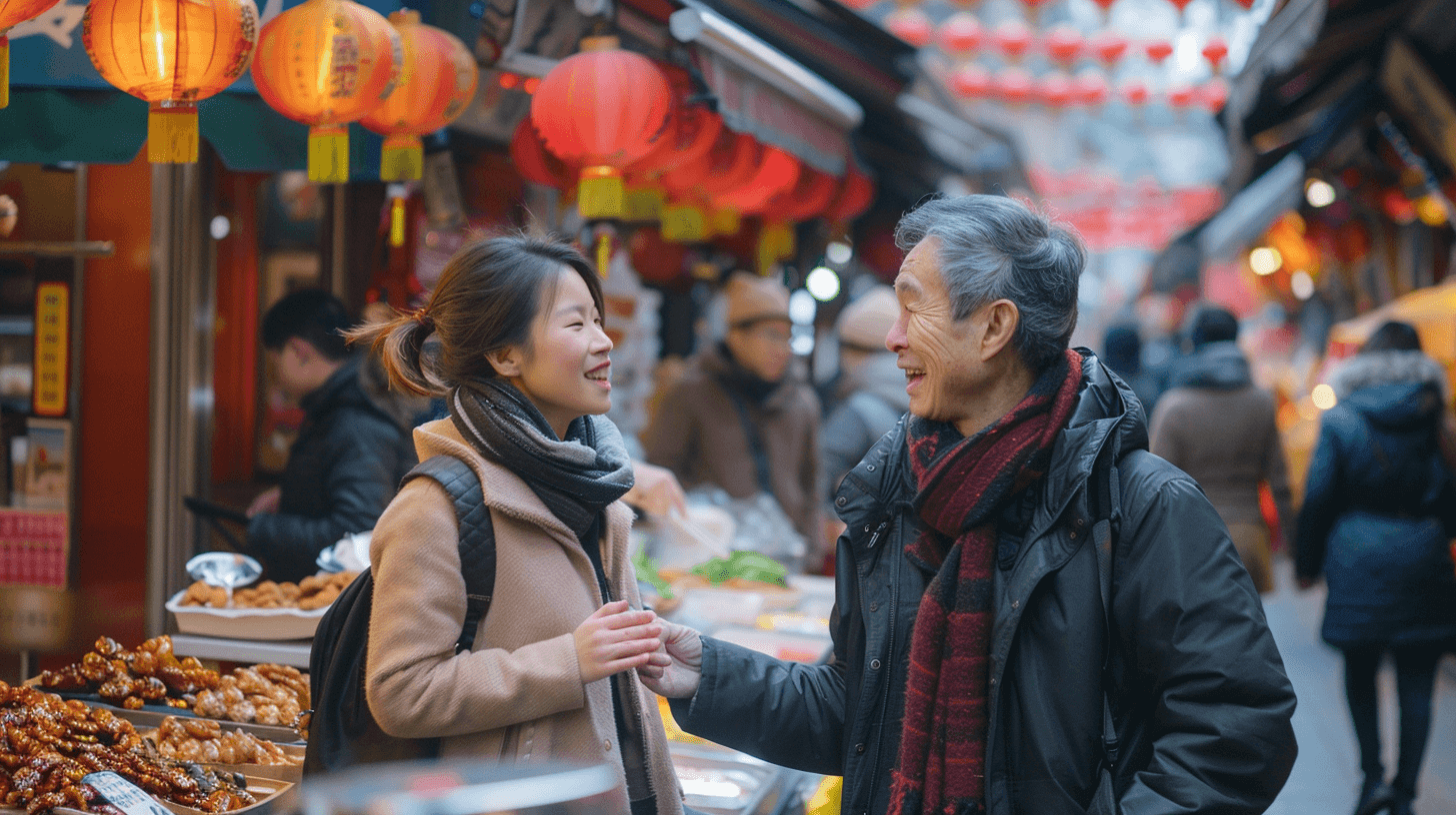 Travelers at an East Asian market