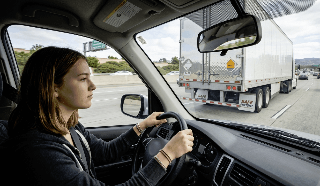 Woman driving a truck on a highway