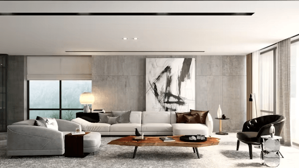 Living room with furniture and an acrylic print abstract painting