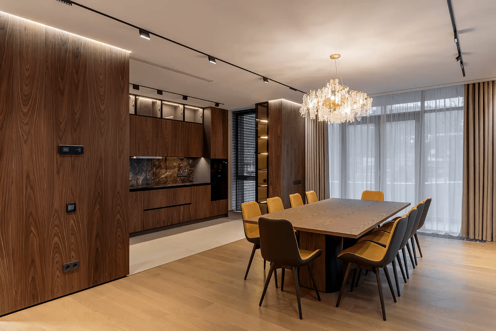 Modern dining room design with large wooden table and yellow