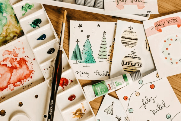 Watercolor art supplies on a wooden table