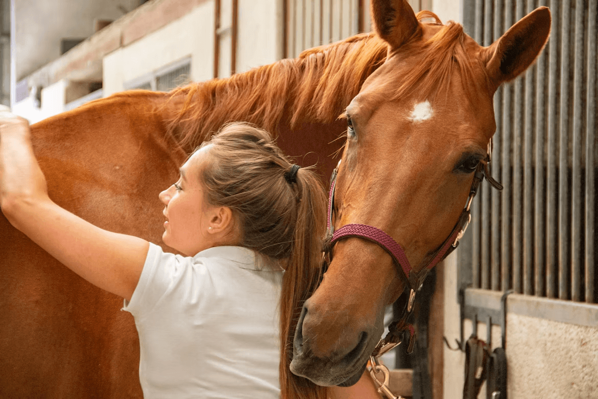 A woman standing next to a brown horse