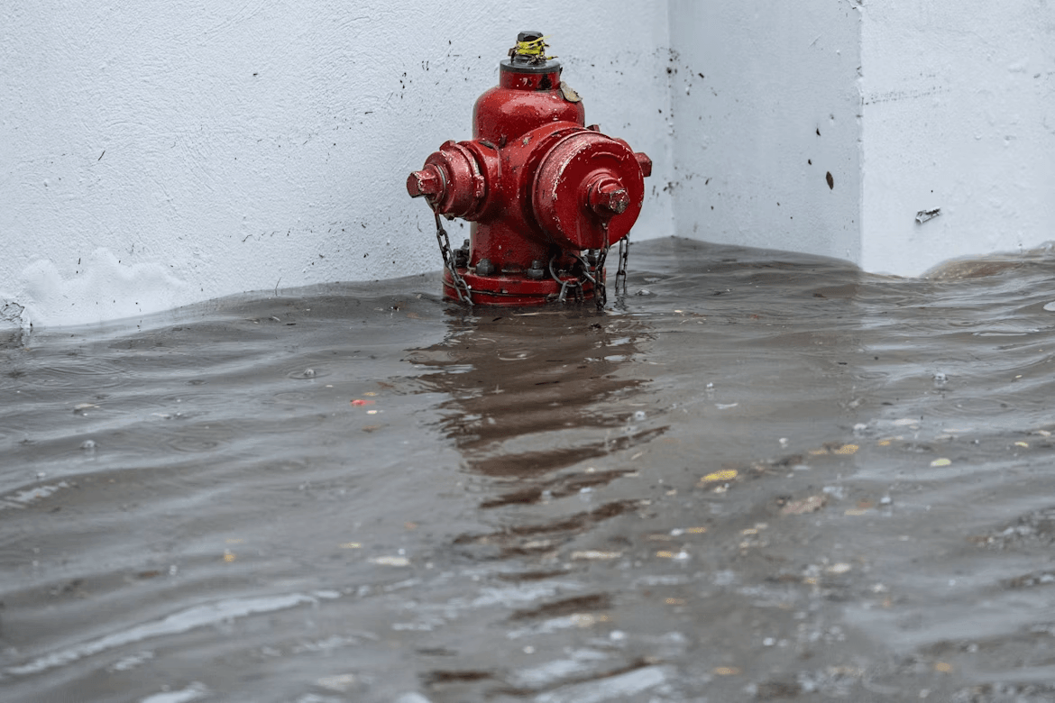 Red fire hydrant in a flooded street