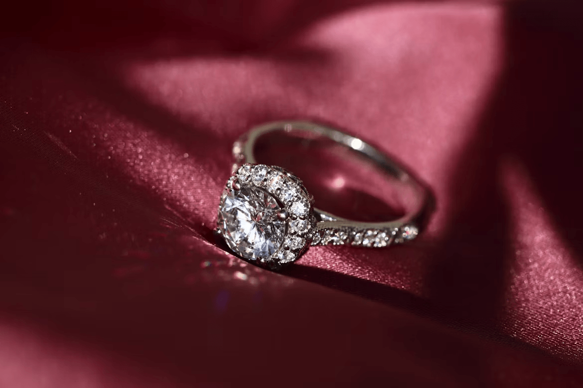 Close-up of a diamond engagement ring on